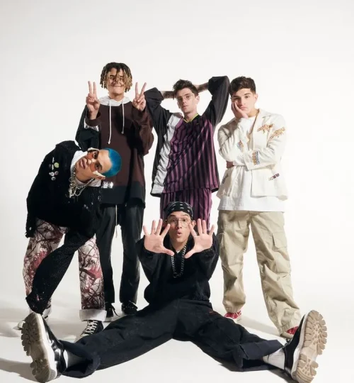 Gen Z boys striking dynamic poses in trendy streeetwear