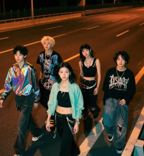 Gen Z fashion at night in edgy streetwear